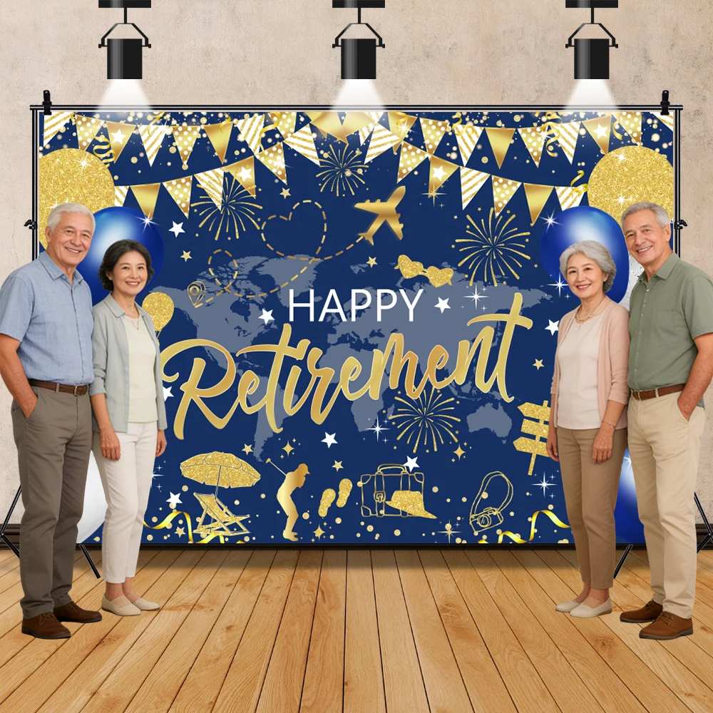 Happy Retirement Photography Backdrops Black Gold Glitter Balloon Congratulations Retirement Party Family Decor Photo Background