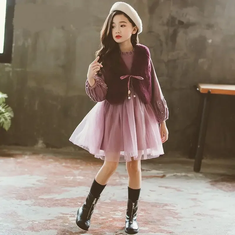 

Girls' Winter Dress 2023 New Children's Dress Autumn and Winter Two Piece Set Little Girls' Fashionable Princess Dress