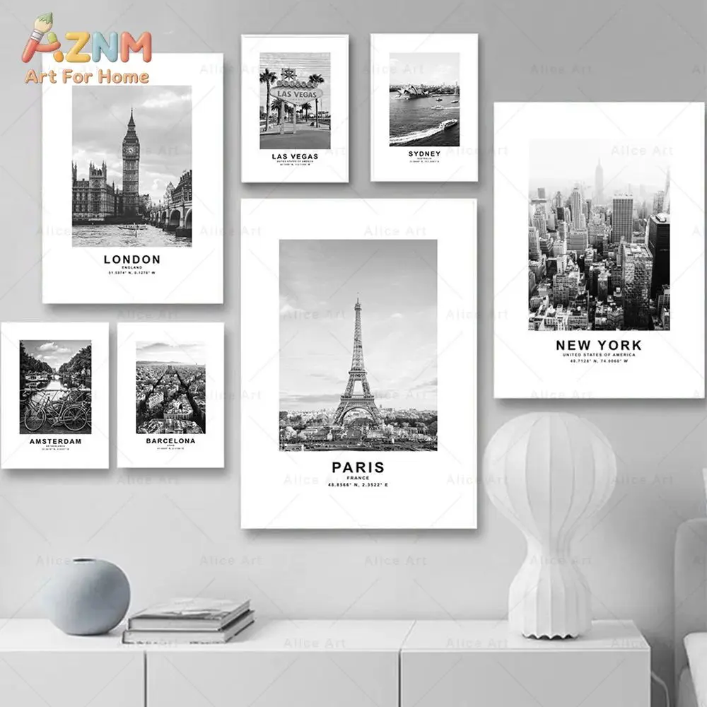 AZNM Black White World City Landmark Canvas Wall Art Minimalist Travel Photo Coordinate Print Frameless Canvas Painting Living R