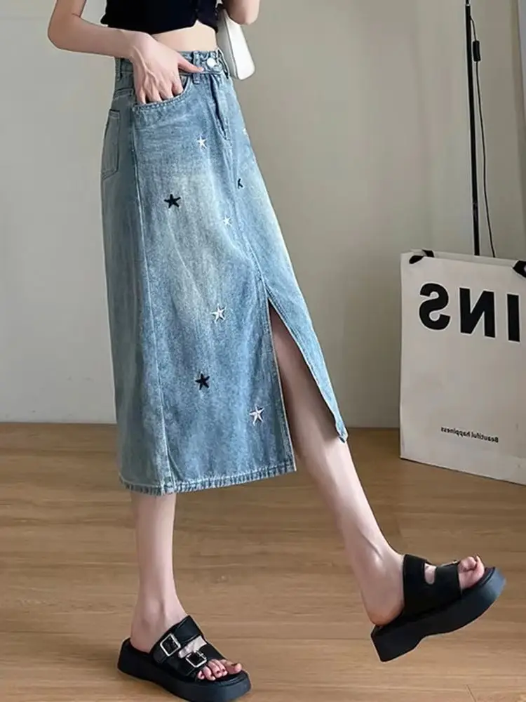 New Chic Split Simple Classic Loose Denim Female Skirt Summer Fashion Embroidery Casual Slim High Waist Xs-2Xl Midi Women Skirts