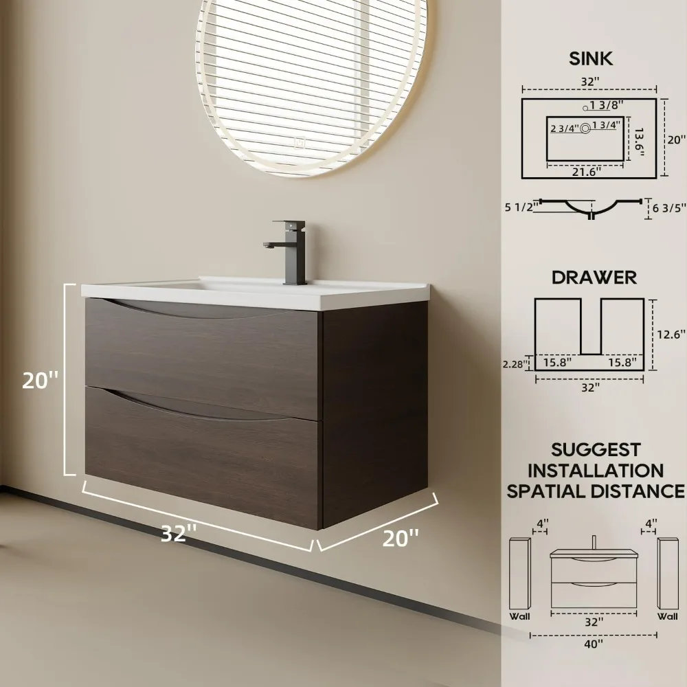 32'' Bathroom Vanity with Ceramic Sink, Wall Mounted Floating Bathroom Vanity Cabinet with 2 Big Drawers, Black Faucet