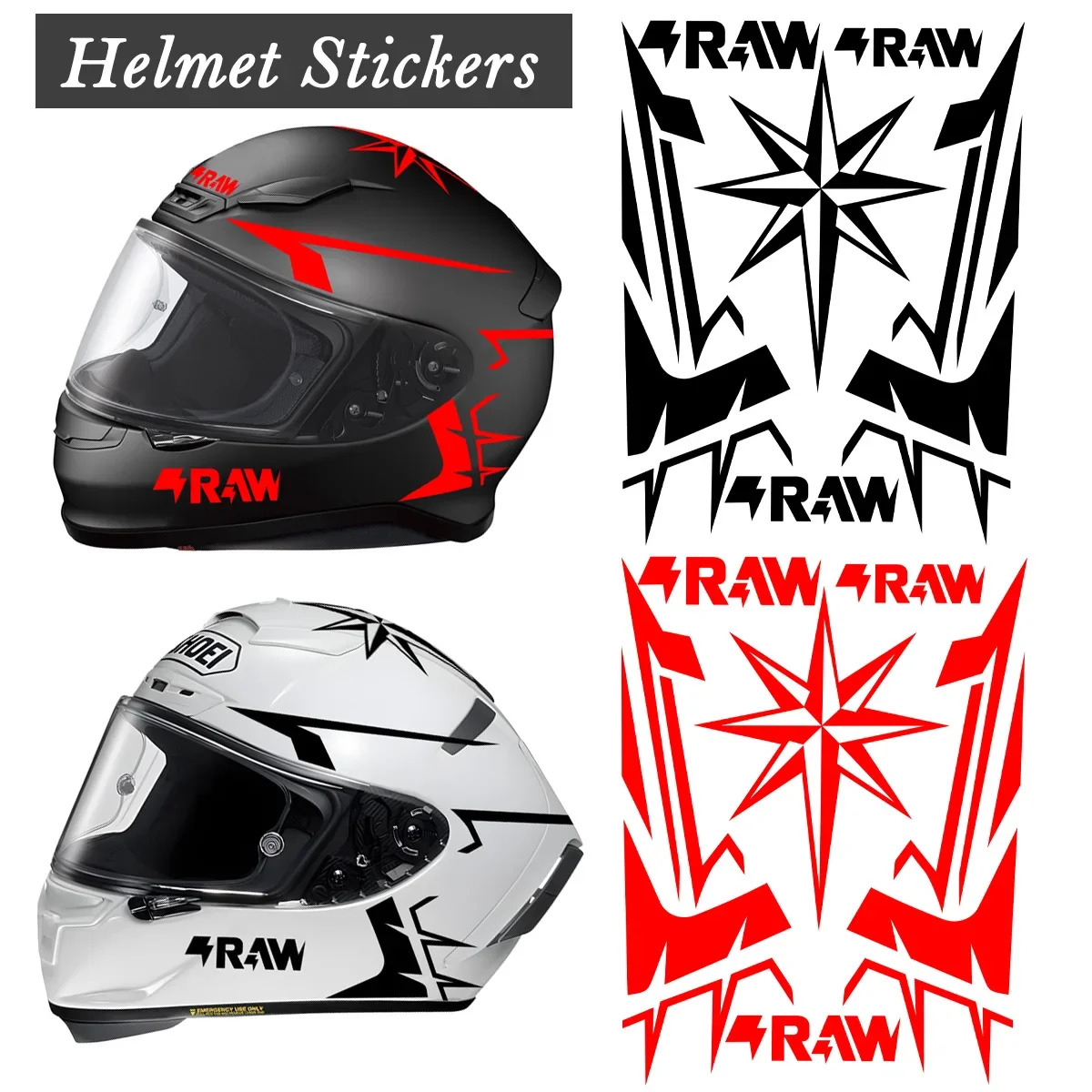 

RAW Graphic Star Pattern Helmet Stickers Black-Red White-Red Waterproof Adhesive Vinyl Decals for Motorcycle Helmet Decoration
