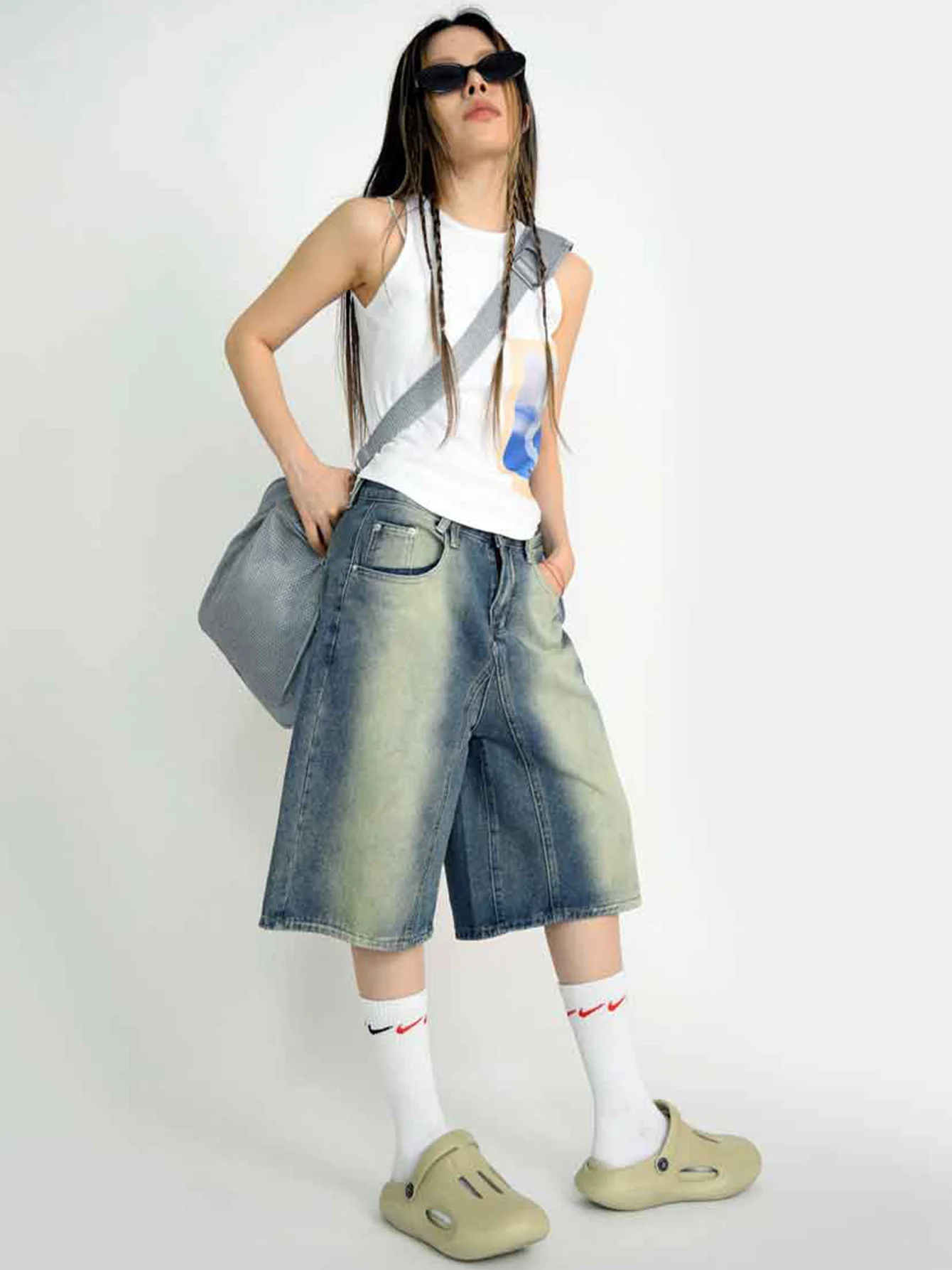 REDDACHiC Blue Retro Women Baggy Jorts Wide Leg Knee-long Denim Shorts Summer High Waist Loose Casual Y2k Pants Fifth Trousers