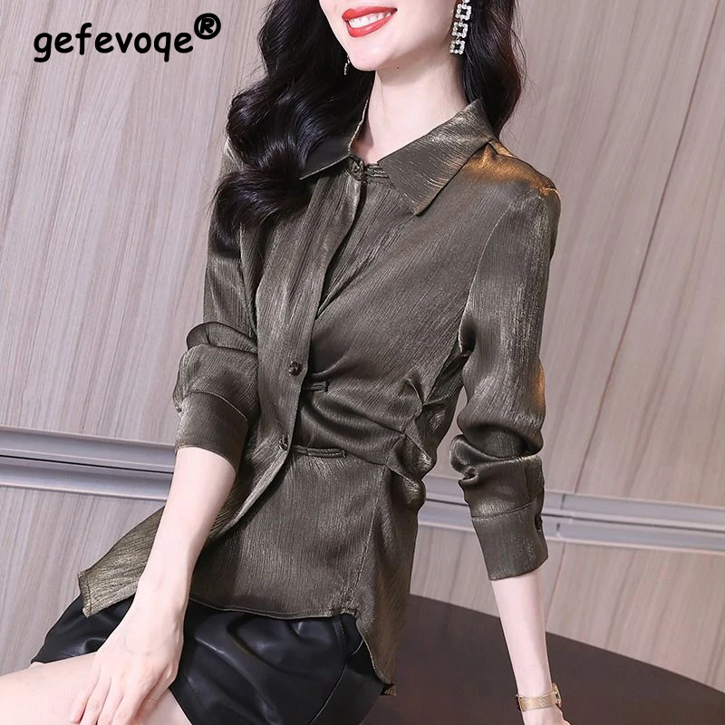 Women Vintage Fashion Elegant Asymmetrical Shirts Spring Autumn Office Lady Business Casual Blouse Long Sleeve Slim Tops Blusas