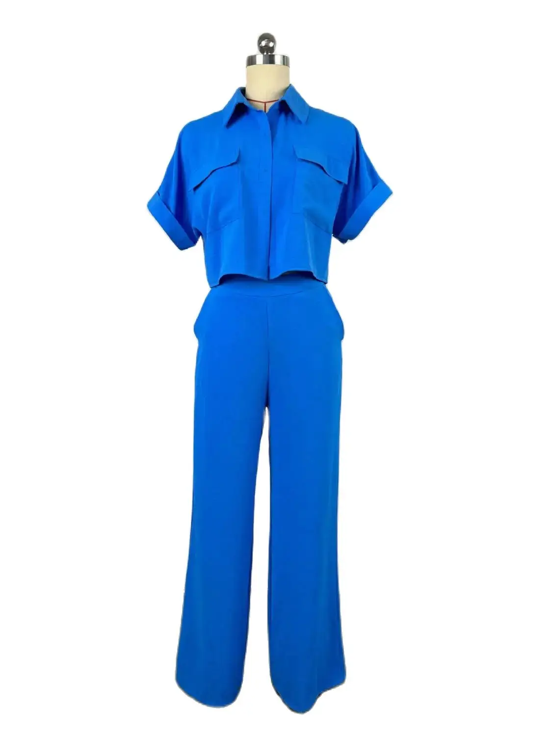 Euro-American Solid Two Piece Sets Spring Summer Turn-Down Neck Short Sleeve Loose Top & High-Waist Wide Leg Pants Set Outfits