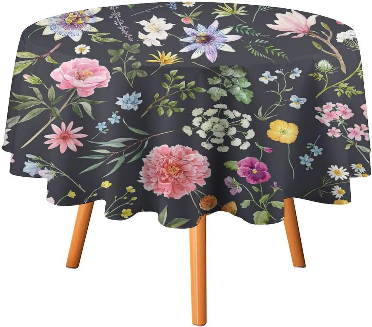 Retro Floral Round Tablecloth, Floral Watercolor Flowers Spring Summer Tablecloth for Home Party Dining Room Kitchen Decor