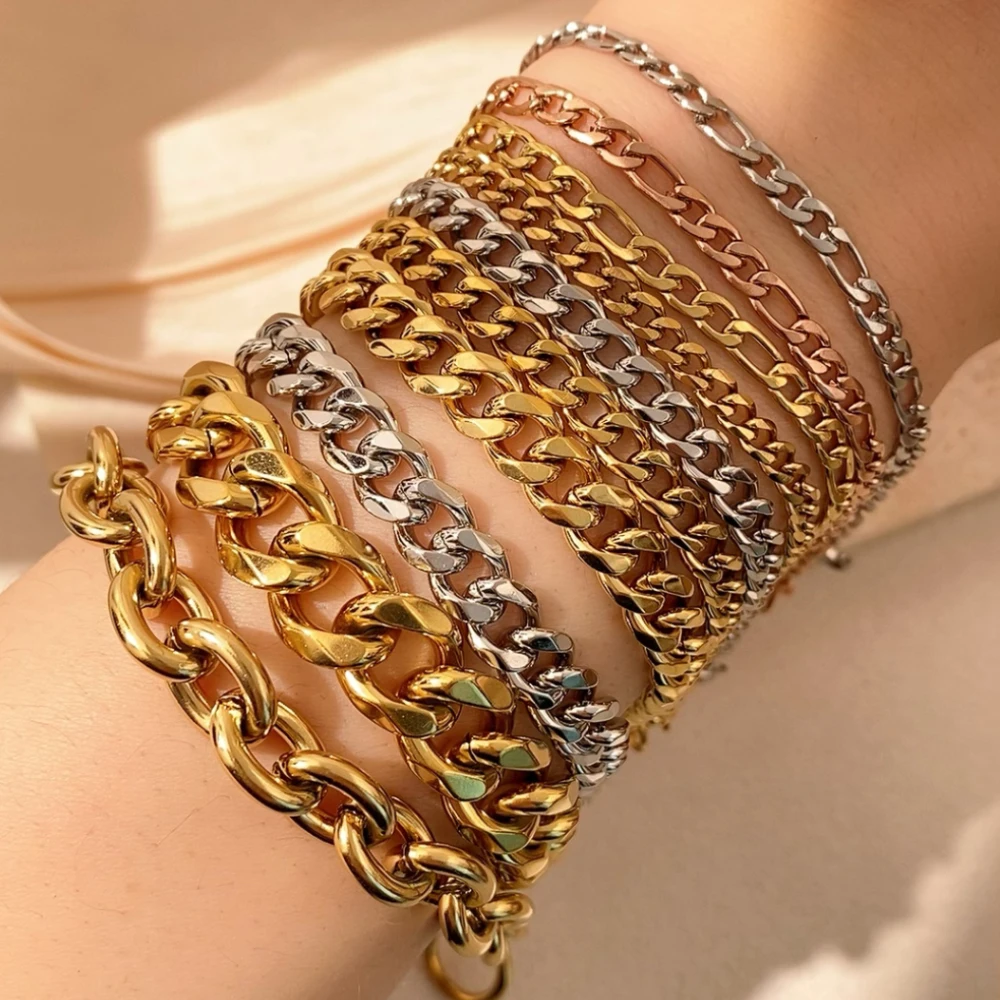 Nicht anlaufendes vergoldetes klobiges Edelstahl-Armband, Schmuck, geometrischer Charme, Modekette, Figaro, kubanisches Gliederarmband für Herren