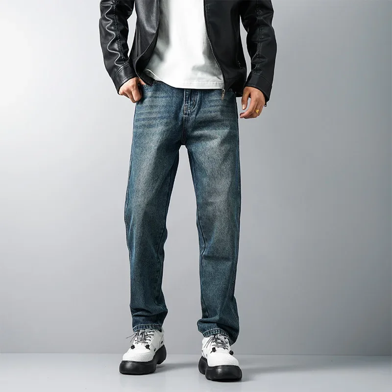 

Pop Seasons Men's Fashion American Casual Loose Washed Straight Jeans Pants Trendy Retro Blue Denim Trousers Male Streetwear