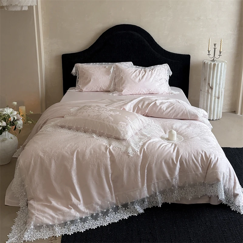 Vintage Floral Jacquard Soft Silky Lyocell Cotton Bedding Set Lace Edge Duvet Cover Set Bed Sheet Pillowcases Luxury Bed Linens
