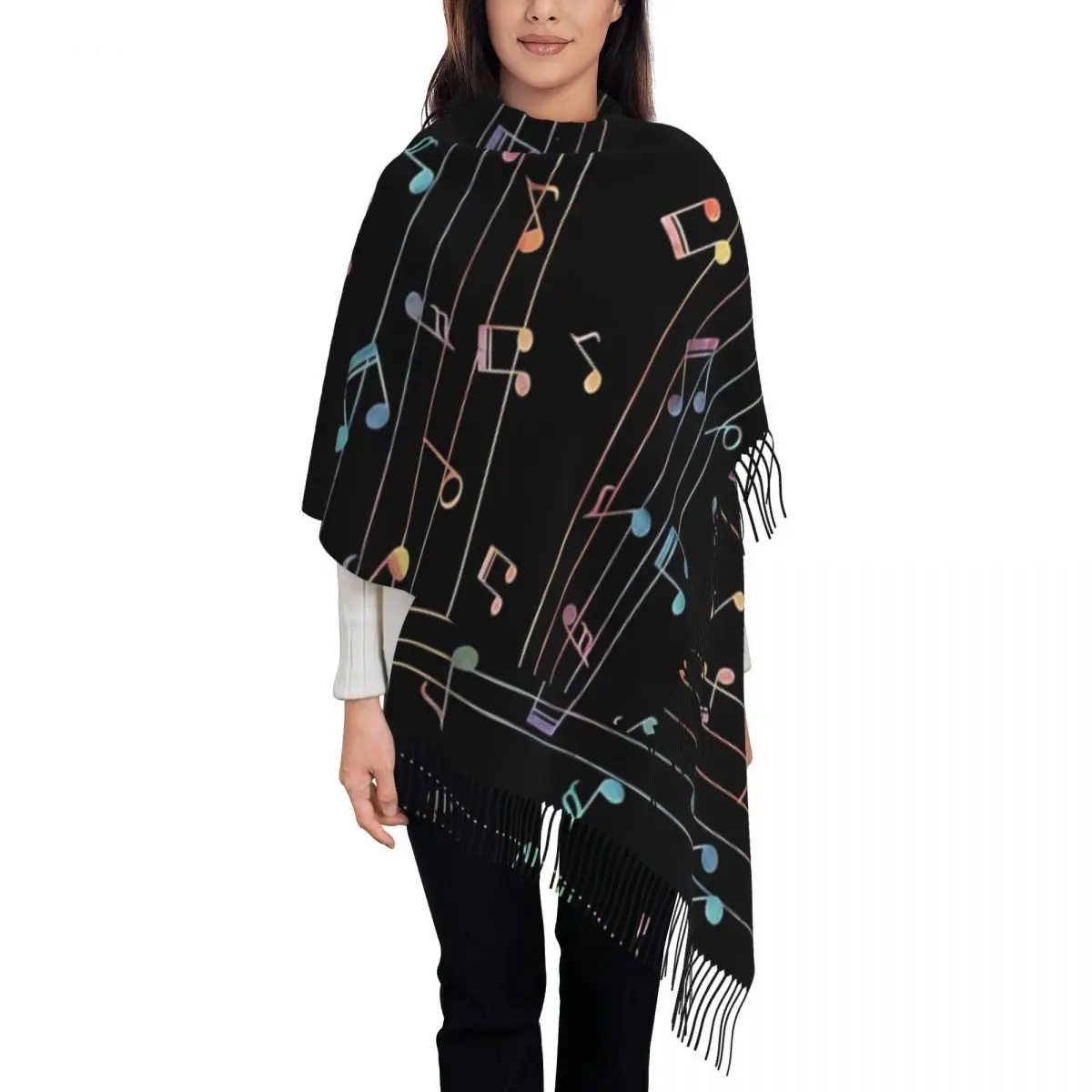Music Notes Colorful Scarf for Women Warm Winter Pashmina Shawls and Wrap Long Scarves with Tassel for Evening Dress