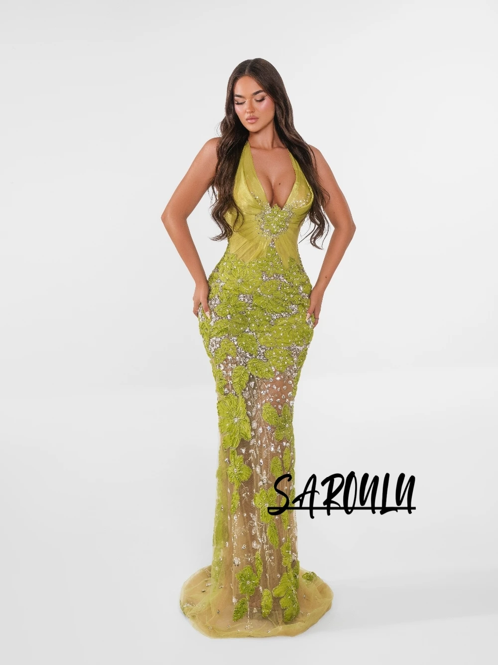 Olive Green Halter Evening Dress Beaded Crystals Floral Customized Prom Gown Luxury Gala Graduation Special Occasion Wear