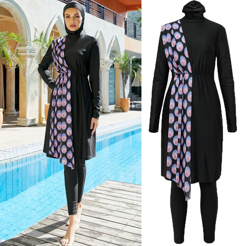 Women Swimwear Muslim Modest Burkinis Swimsuits Full Cover Islamic Arabic 3 Pieces Set Long Sleeve Patchwork Swim Suits Turkey