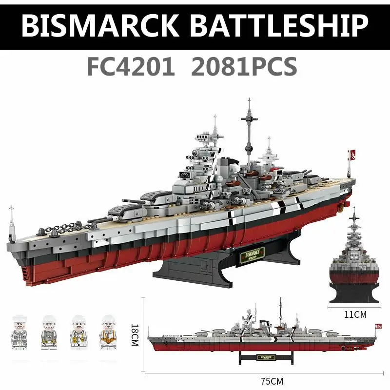 FC4201 2081PCS Bismarck Battleship WW2 Army Military Building Blocks Bricks Soldiers Weapon Children's Toys Christmas Gift