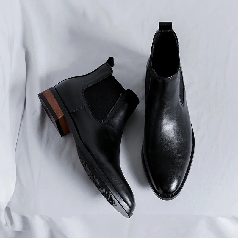 New Brown Chelsea Boots for Men Black Microfiber Ankle Round Toe Business Boots Men Size 38-44 Men Boots