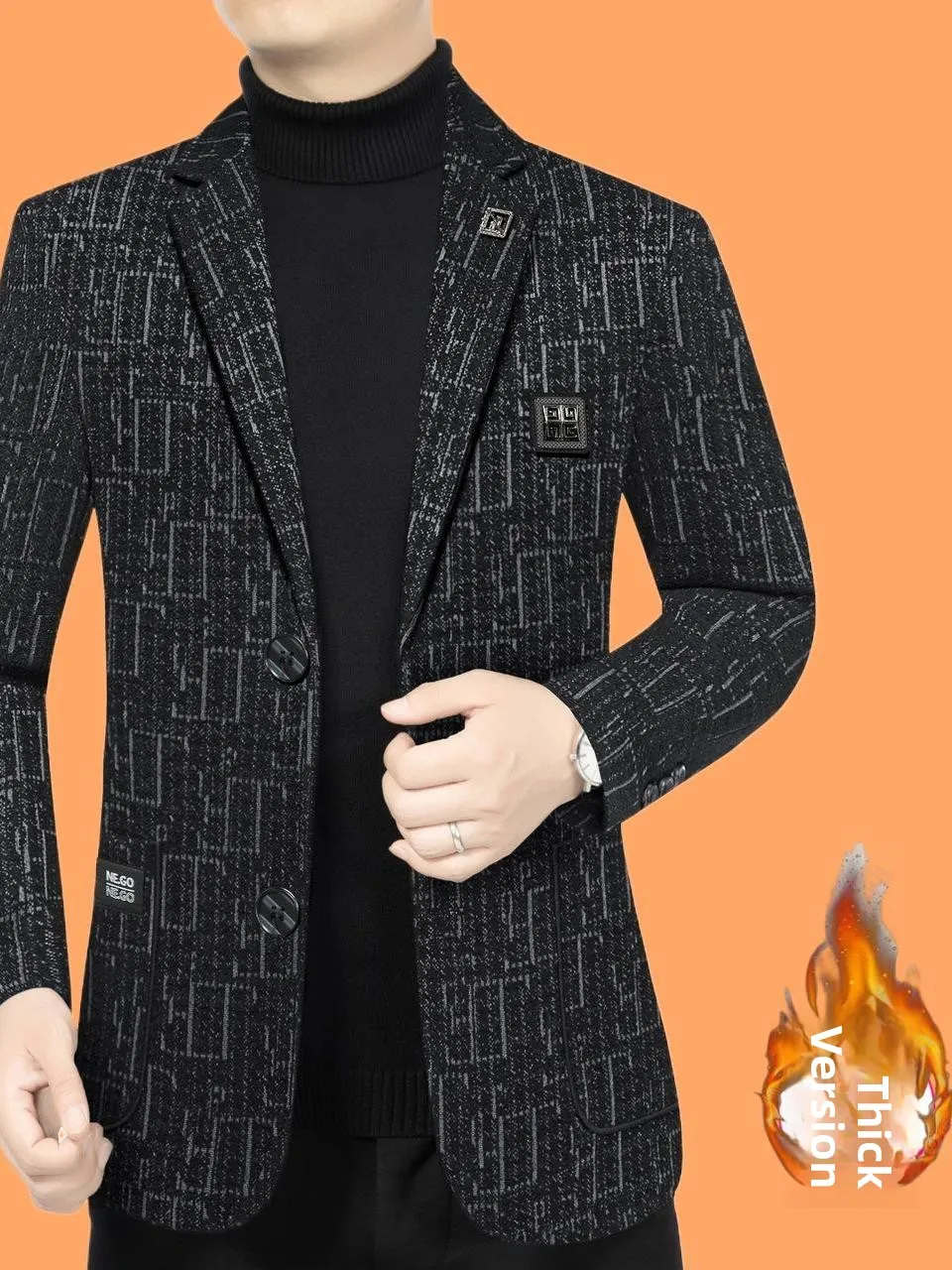 

Fashionable Thickened Fleece Lined Winter Suit Jacket Luxury Casual Business Style Long Sleeve Single Button Closure Coat