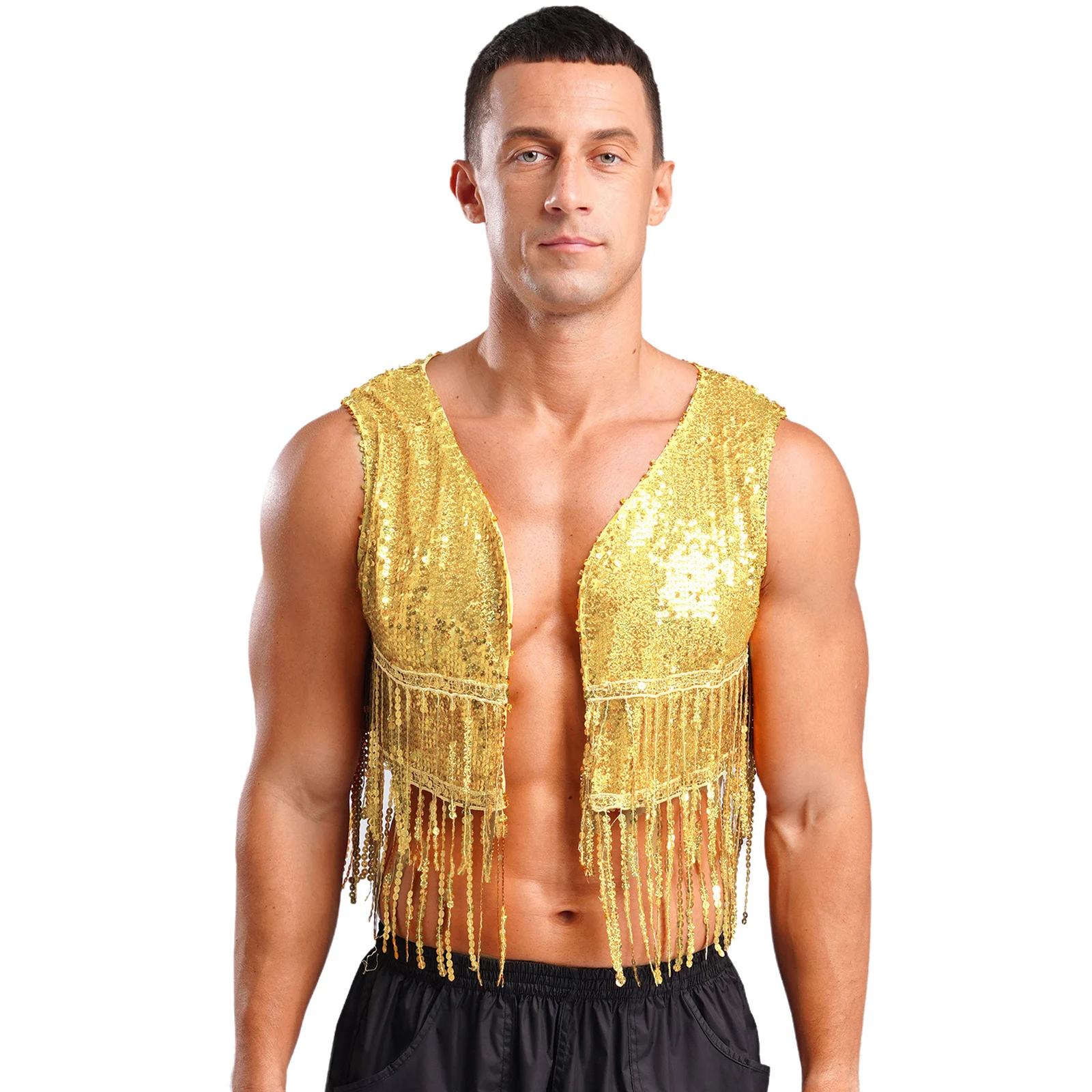 Mens Shiny Sequin Waistcoat Open Front Crop Vest Sleeveless Tassels Fringed Cardigan for Vintage 70s 80s Disco Party Clubwear