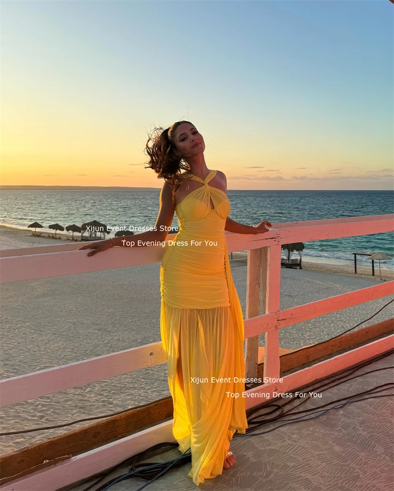 Xijun Baby Yellow Chiffon Evening Dresses Ruched Elegant Prom Dresses Pleated Side Slit Backless Beach Prom Gowns Saudi Arabric