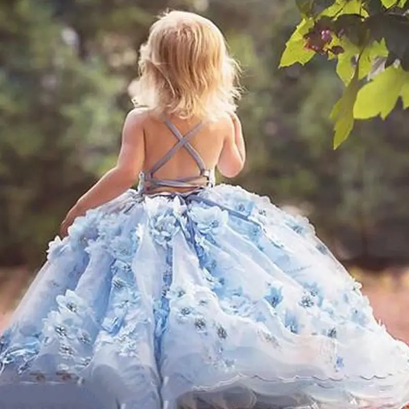 Evlast niedlichen blauen Spaghetti Blume Mädchen Kleid Spitze Applikationen 3d Blume Perle Kleinkind Kommunion Kleid geschwollene Festzug Kleider tfd045