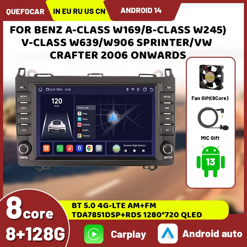 

DSP Carplay 4G-LTE 8-inch Android 14 Car Multimedia Player For Mercedes-Benz W169 W245 B200 W906 Sprinter W639 Vito Car Radios