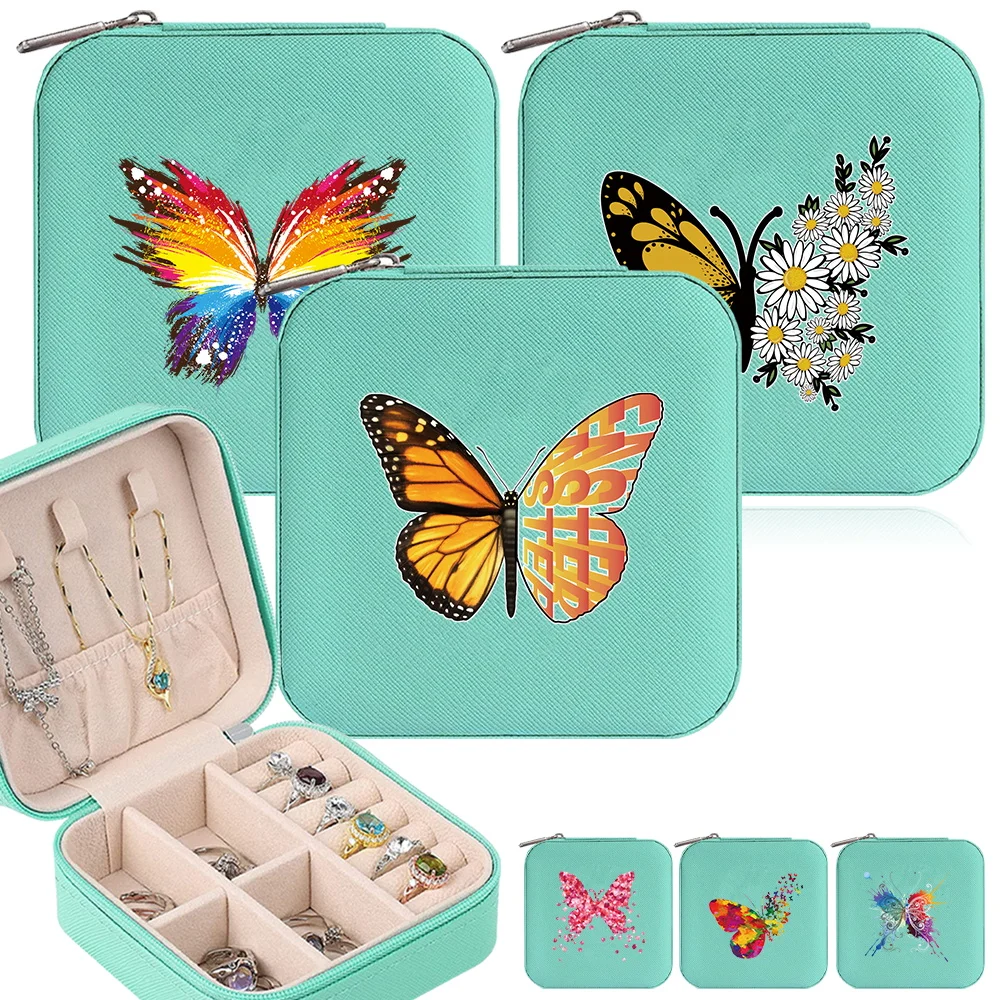 Portable Jewelry Storage Box Travel Necklace Ring Organizer Boxes New Zippered Women's Jewels Case Butterfly Pattern