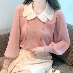 Sweet Fashion Peter Pan Collar Spliced Knitted Tops for Female Autumn Elegant Thin Contrast Color Sweaters Women's Clothing