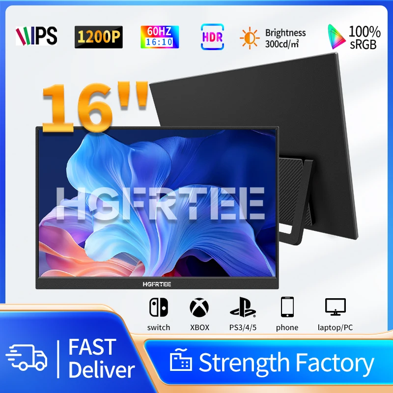 شاشة محمولة HGFRTEE مقاس 16 بوصة مقاس 16:10 RGB100% 300cd/m2 IPS شاشة ثانية لأجهزة MAC/الكمبيوتر المحمول/الكمبيوتر الشخصي/Xbox/PS5/Switch