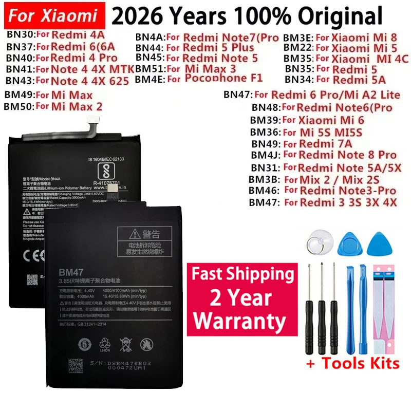 2026 100% Original For Xiaomi Redmi Hongmi Note Mi Mix 2 A2 3 3S 4 4A 4C 4X 5 5A 5X 5S 6 6A 6X 7 8 M8 9 Lite Plus Pro Battery