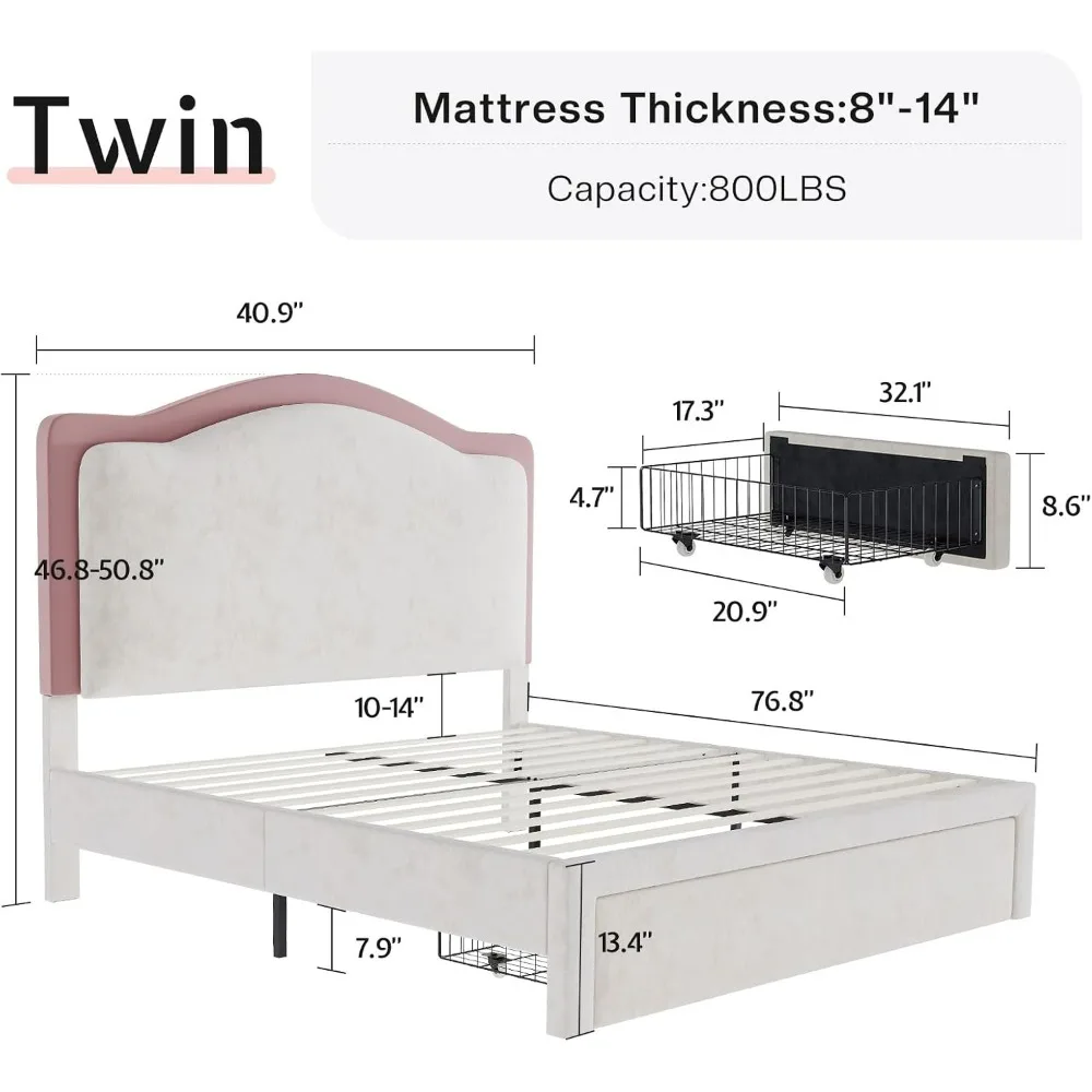 Molduras de cama dupla LED com gaveta de armazenamento, cama de plataforma estofada com cabeceira ajustável, sem necessidade de molas