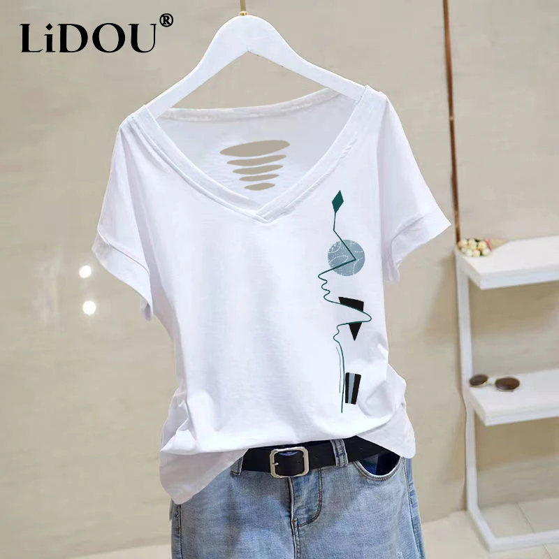 2023 Summer New Cotton T-Shirts Women Solid Color Printing V-neck Short Sleeve Tees Fashion Loose Casual Hollow Out Pullovers