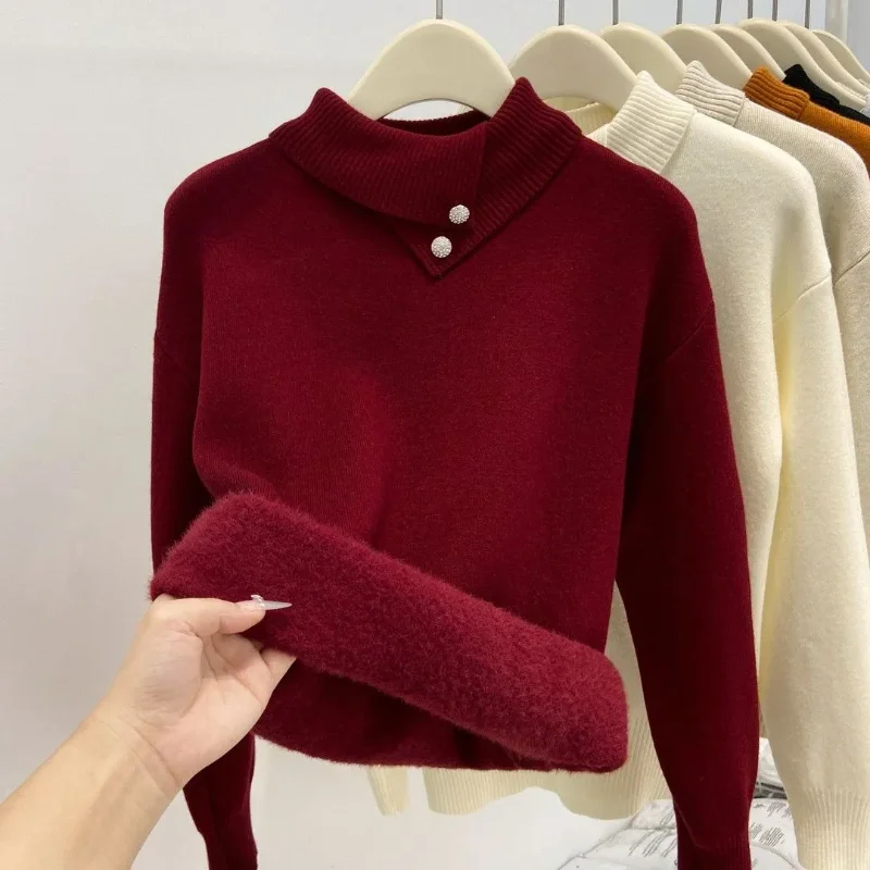 Women Integrated Fleece Lined Collar Knit Sweater Button Detail Solid Loose Warm Winter Layering Top