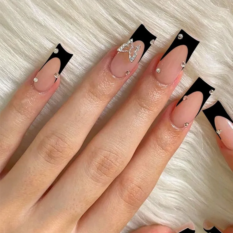 Uñas postizas acrílicas de 24 piezas, arte de especias geniales, puntas de uñas postizas, extraíbles, corazón francés, negro, medio largo