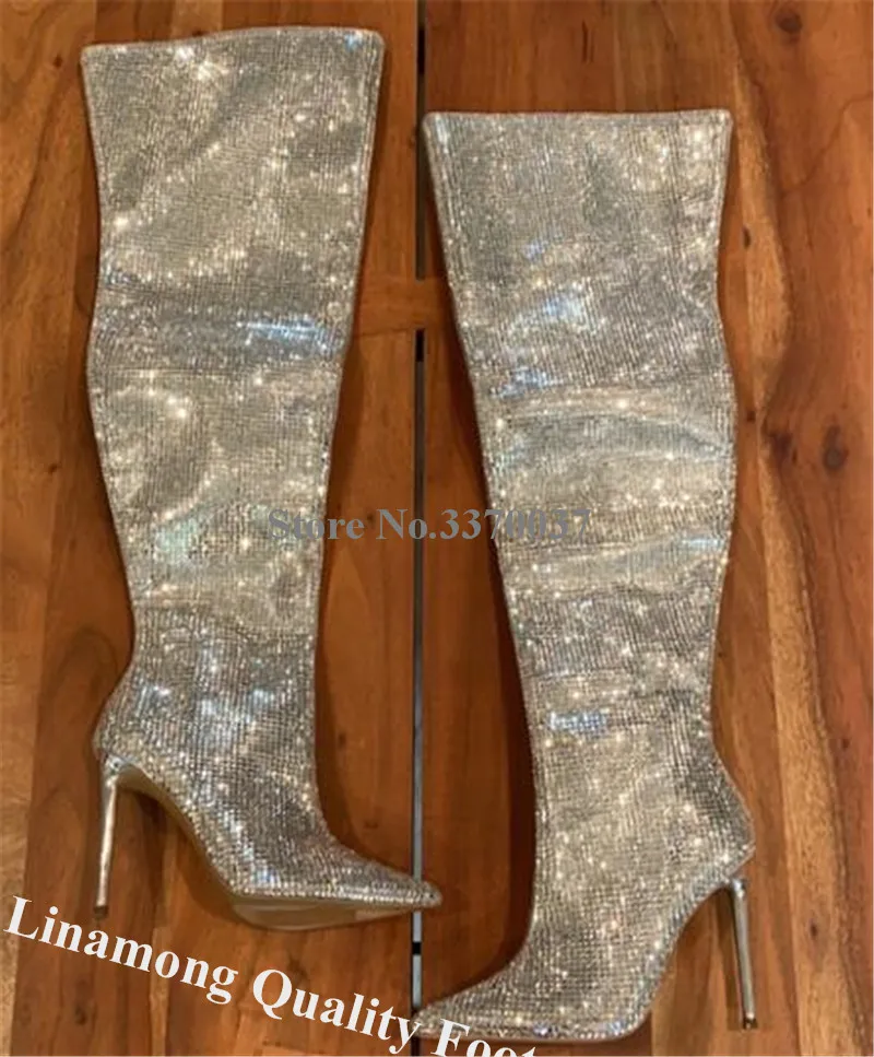 Luxurious Silver Rhinestones Long Boots Linamong Bling Bling Pointed Toe Over the Knee Stiletto Heel Boots Shining Wedding Heels