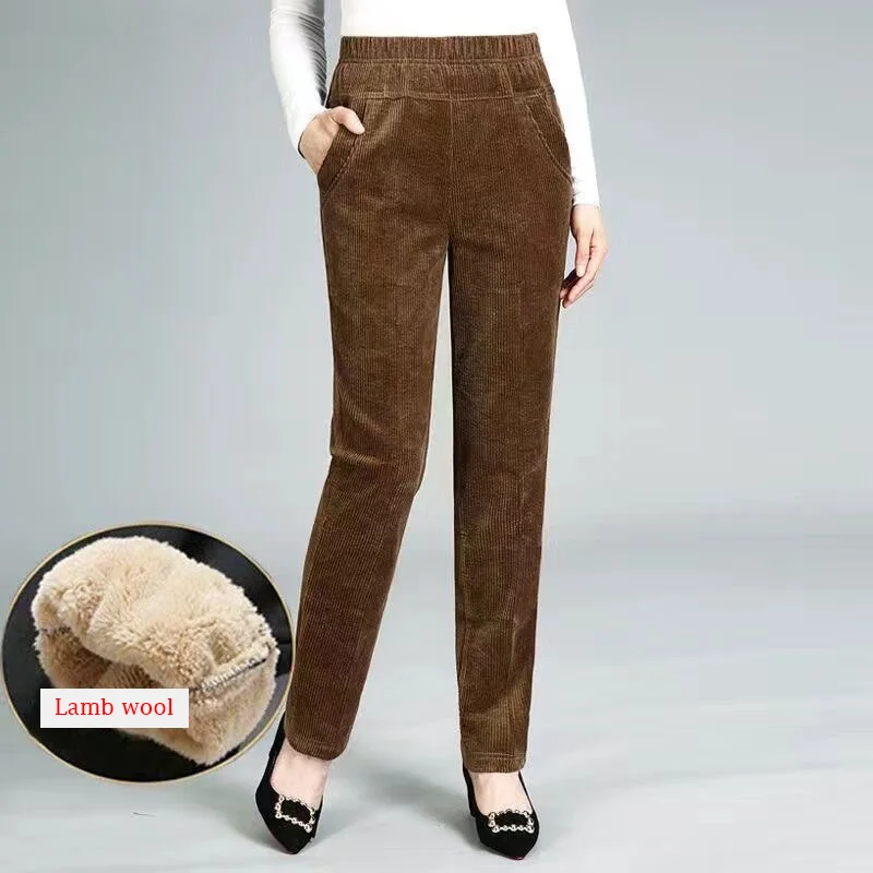 Autumn and Winter Striped Velvet Casual Straight Leg Pants Thick Corduroy High Waist Middle-aged and Elderly Women's Pants 31059