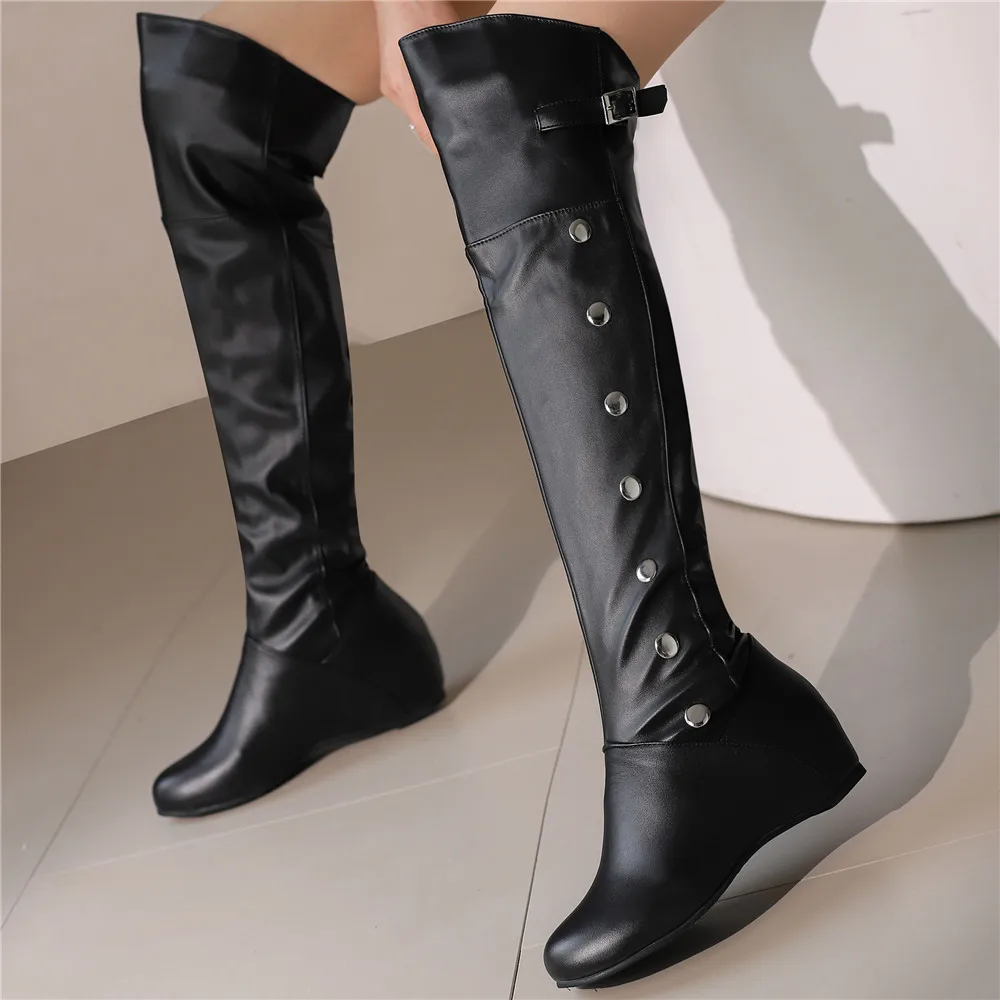 Women Boots 2024 Winter New Fashion Casual Over-the-high Boots Round Toe Buckle Plus Size 34-43Lady Shoes Rivet Metal Decoration