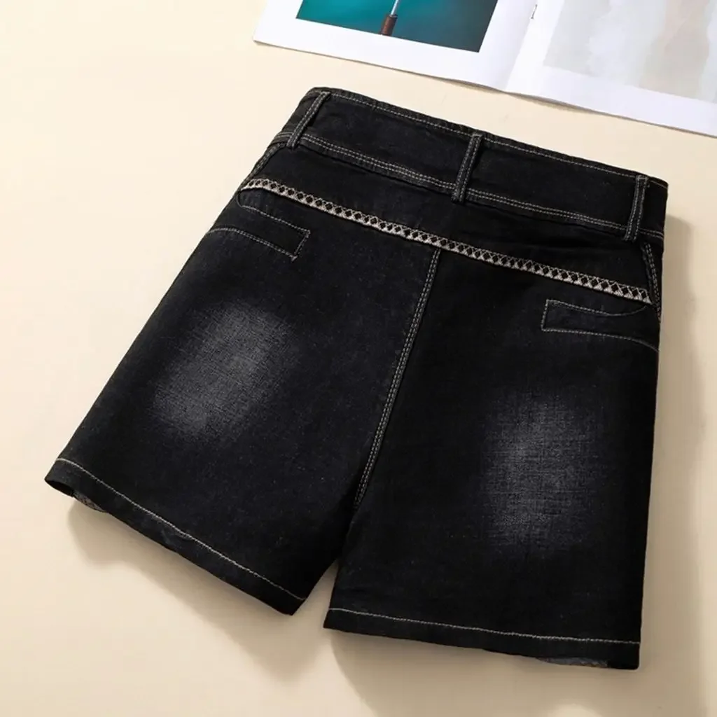 Verão feminino shorts calças senhora cintura alta solta alta rua denim calças femininas streetwear preto cinza perna larga calças de brim curtas a715