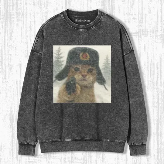Soviet Ushanka Cat Retro Washed T-Shirt | 100% Cotton | Streetwear Essential