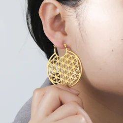 Vassago Flower of Life Buddhist Round Earrings Stainless Steel Charm Yoga Hollow Out Pendant Women's Party Jewelry Gift