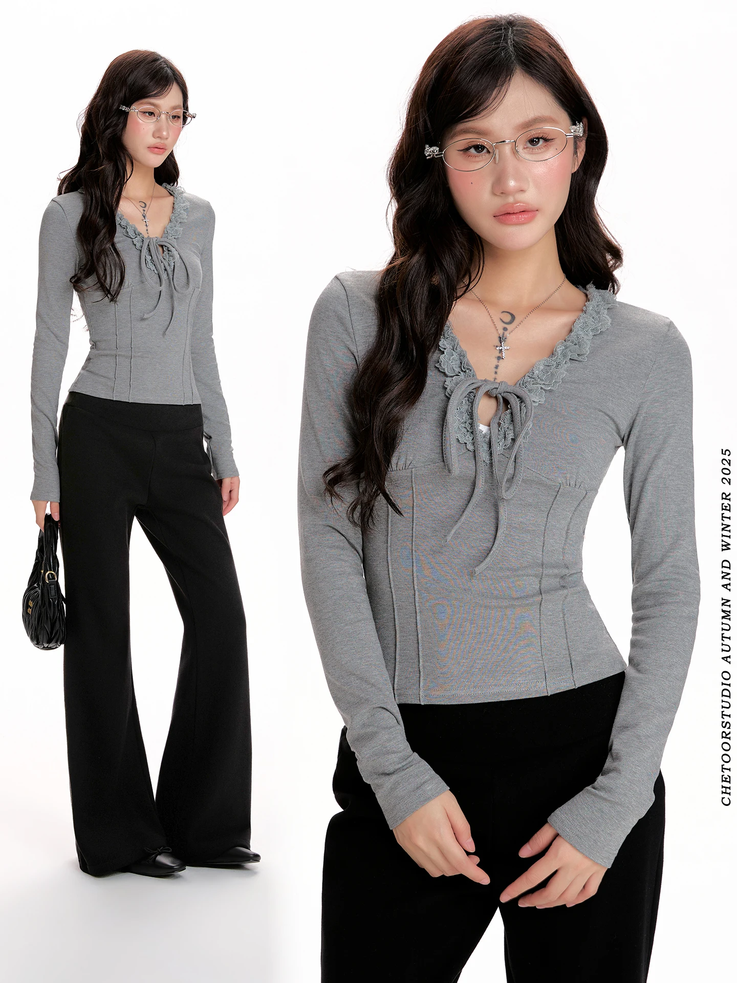 

ay Long Sve Lace T-irt Women's Autumn Winter Slim Fit Design Sense V-ne Fce-lined Belted Base Top for Teens