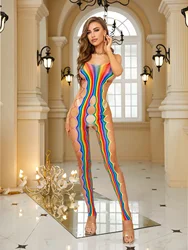 Women's Sexy Lingerie Underwear Rainbow Striped Fishnet Bodystocking Hollow Out Sleeveless Open Crotch Bodystocking