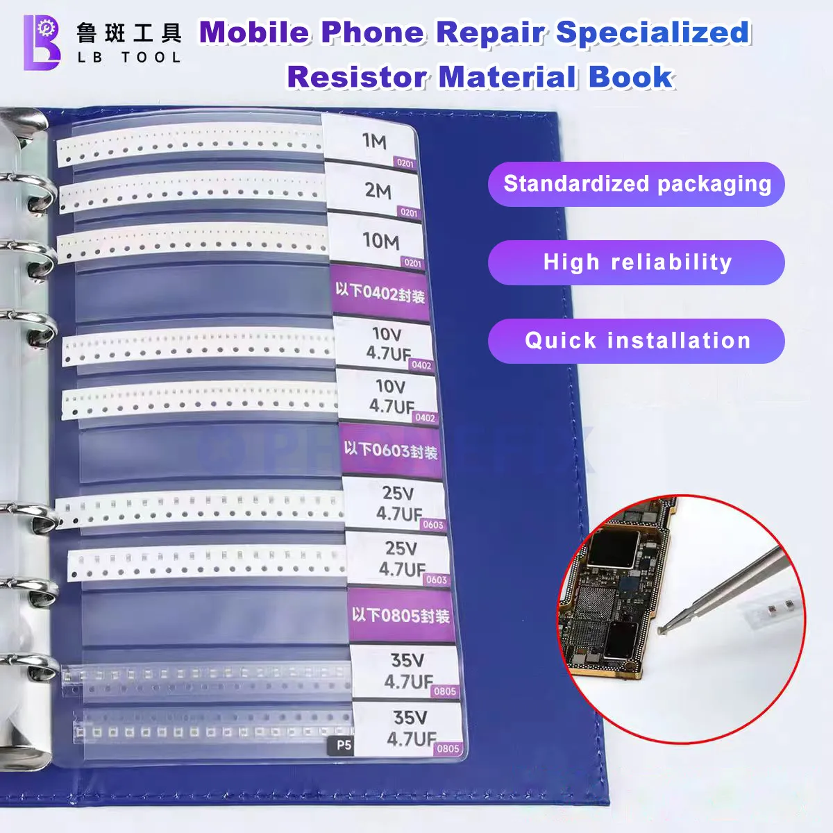 Mobile Phone Repair Resistor Material Book Fixed Resistor Assortment Sample Book Capacitors Kit for Technician/Engineer/student