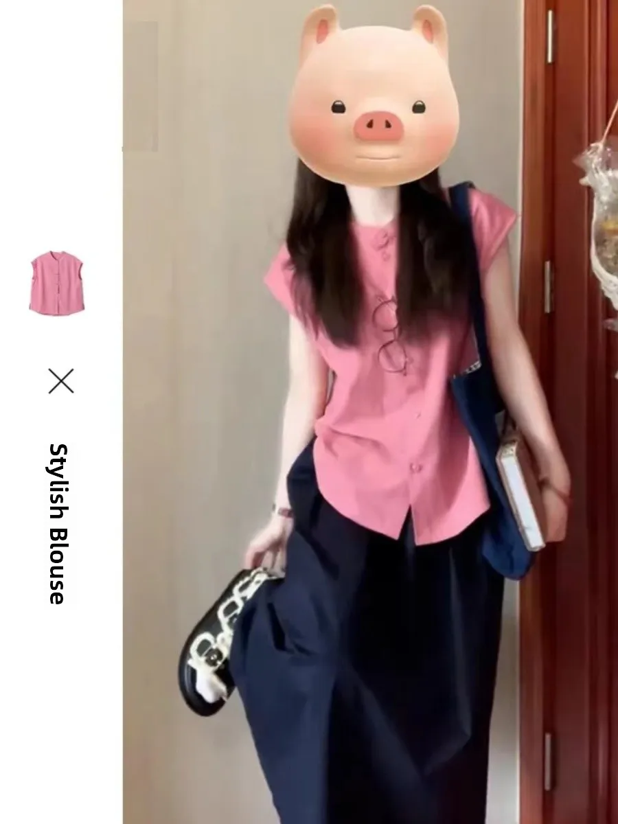 

Лето 2024, женский розовый ор Све irt, японский Sle, уникальный дизайн, повседневный классический круглый топ на пуговицах из смеси хлопка