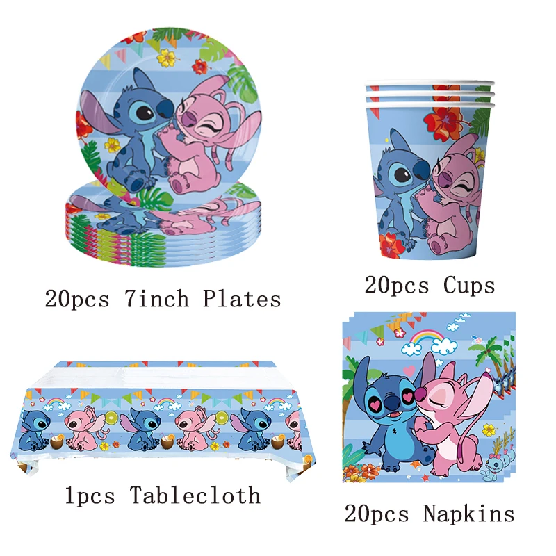 Disney Stitch Birthday Party Decoration Kids Blue Lilo Stitch Theme Tableware Angle Balloon Cups Plates Supplies For Baby Shower