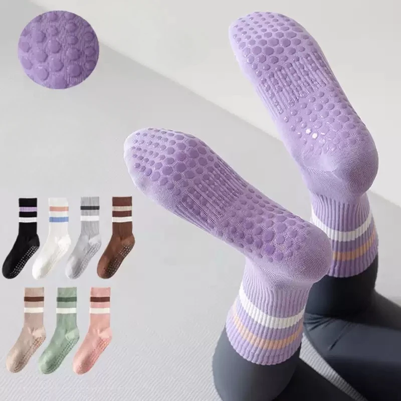 Calcetines deportivos antideslizantes de silicona para Yoga para mujer, calcetines de entrenamiento profesional para Pilates y Fitness, calcetines de algodón para baile de tubo medio a rayas
