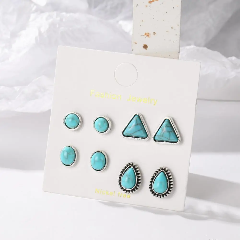 4 Pairs Women Geometric Shape Ear Studs Boho Faux Turquoise Stud Earrings Vintage Ethnic Style Jewelry Gift