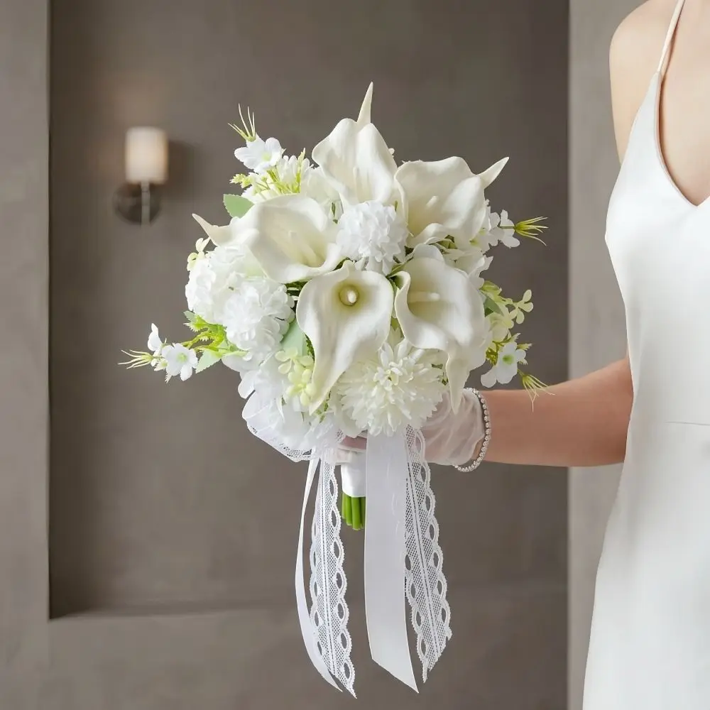 Romantic White Calla Hydrangea Bridal Bouquet Artificial Handheld Artificial Wedding Bouquet Lace Ribbon Faux Flower Bouquet