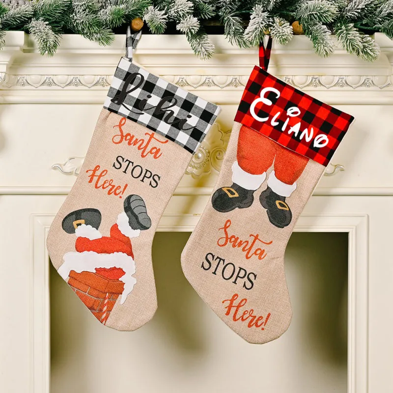 Personalized Printing New Christmas Decoration STOP HERE Plaid Christmas Socks Christmas decoration Children's holiday Gifts