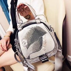 Women PU Vegan Leather Rhinestone Convertible Handbag Backpack Female Artificial Leather Multi-pockets Small Everyday Daypack