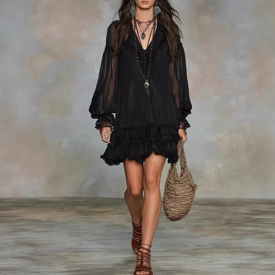 

2026 Spring New V Neck Ruffle Trim Chiffon Dress Women Loose Flowy Waist Cinched Long A Line Dress