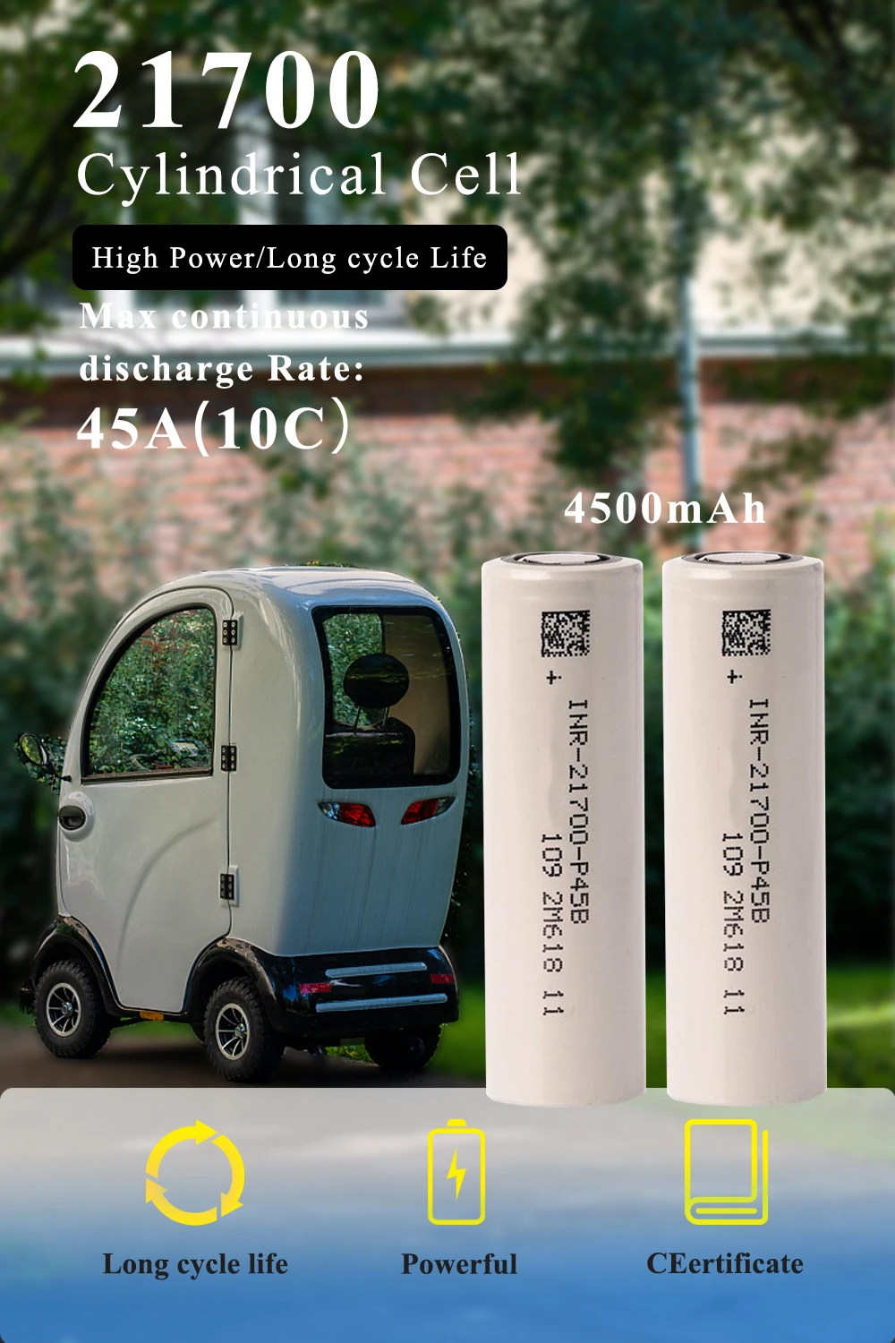 

10C INR-21700-P45B 4500mAh 45A P45B 21700 3.7V Lithium ion Rechargeable Battery for Cordless power tools