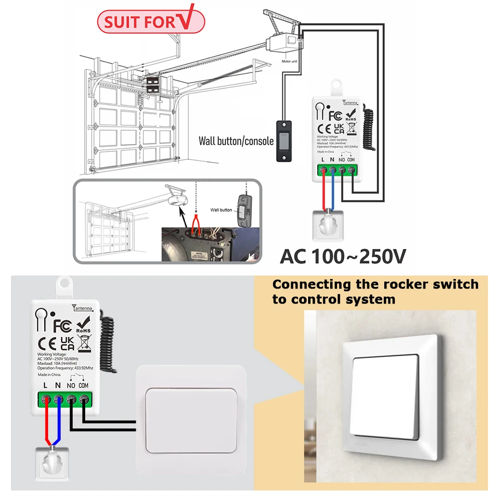 433MHz ワイヤレスリモコン AC 220V 1CH 10A ミニサイズリレー受信機ランプライト電動ファンスイッチ家電